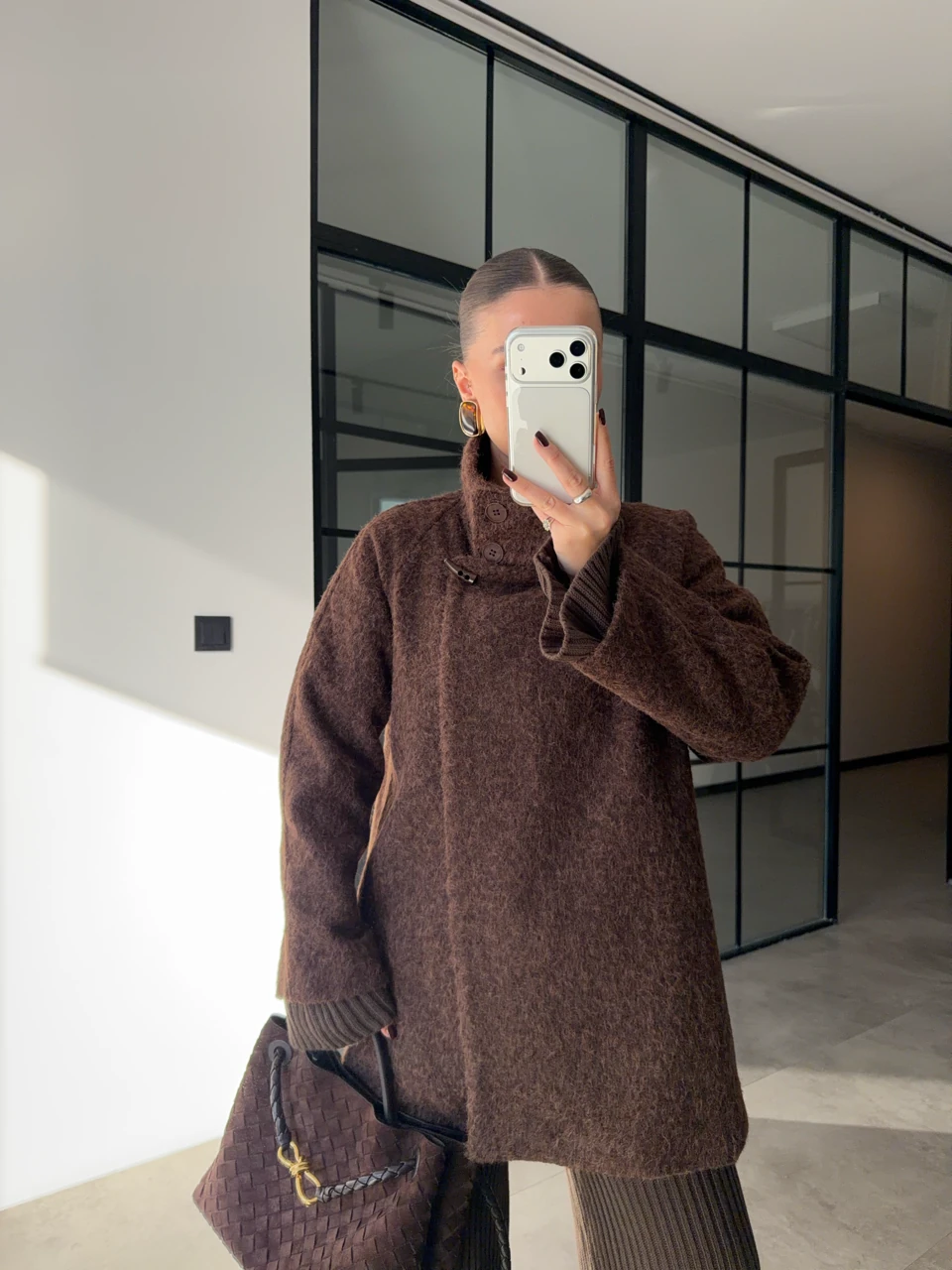 DİK YAKA KRUVAZE KABAN - Kahverengi