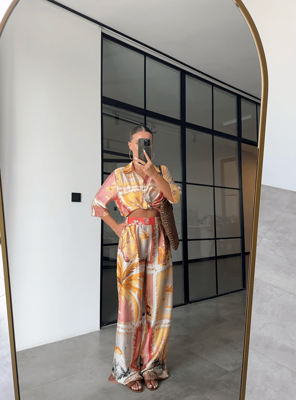 PATTERNED SHINY SATIN SHIRT AND TROUSER SET