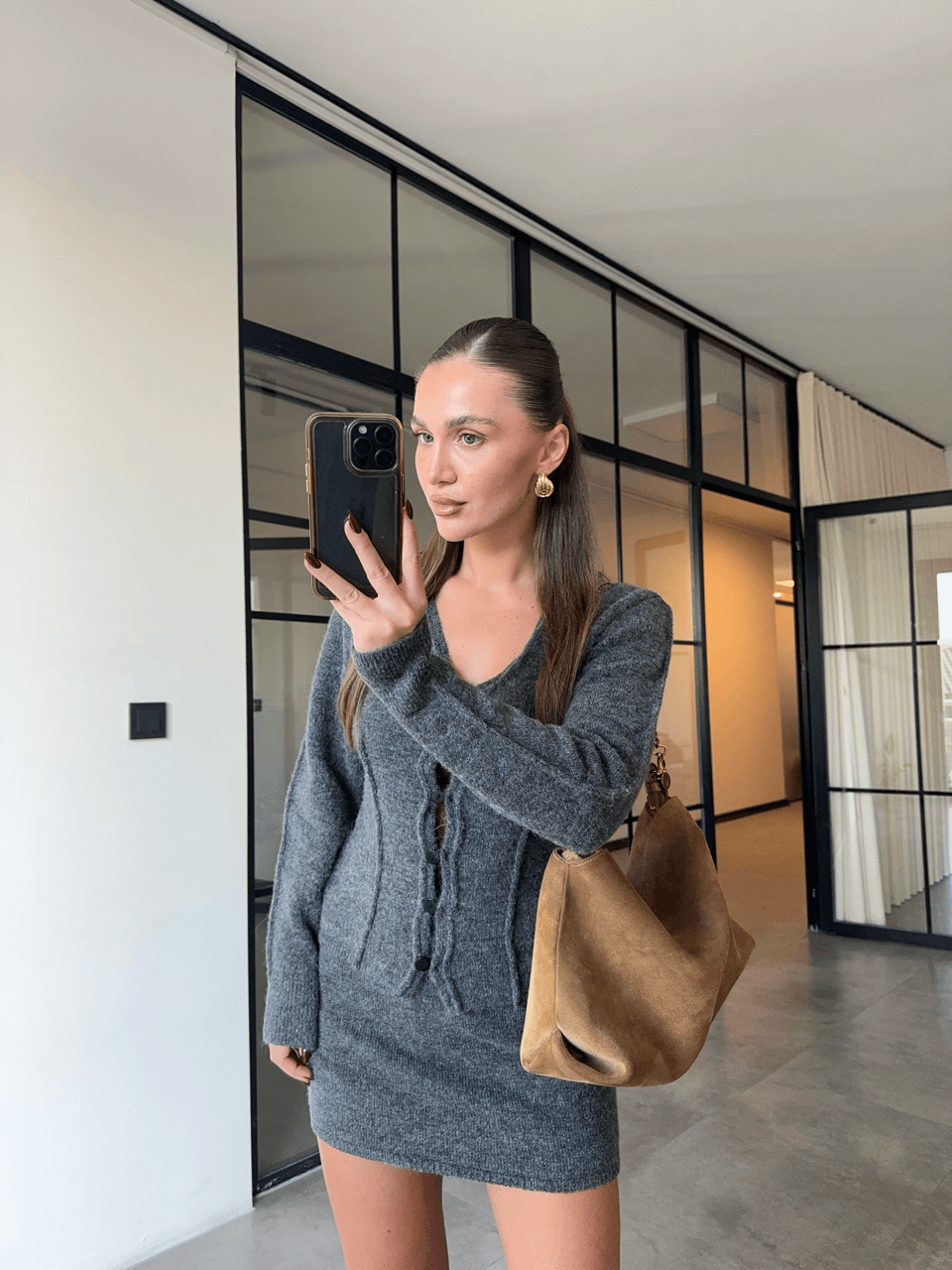 DÜĞMELİ HIRKA MİNİ ETEK ANTRASİT TRİKO TAKIM