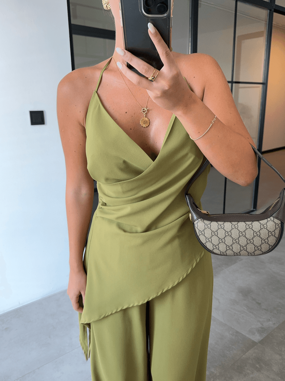CROSSOVER ASYMMETRIC BLOUSE TROUSERS GREEN SUIT