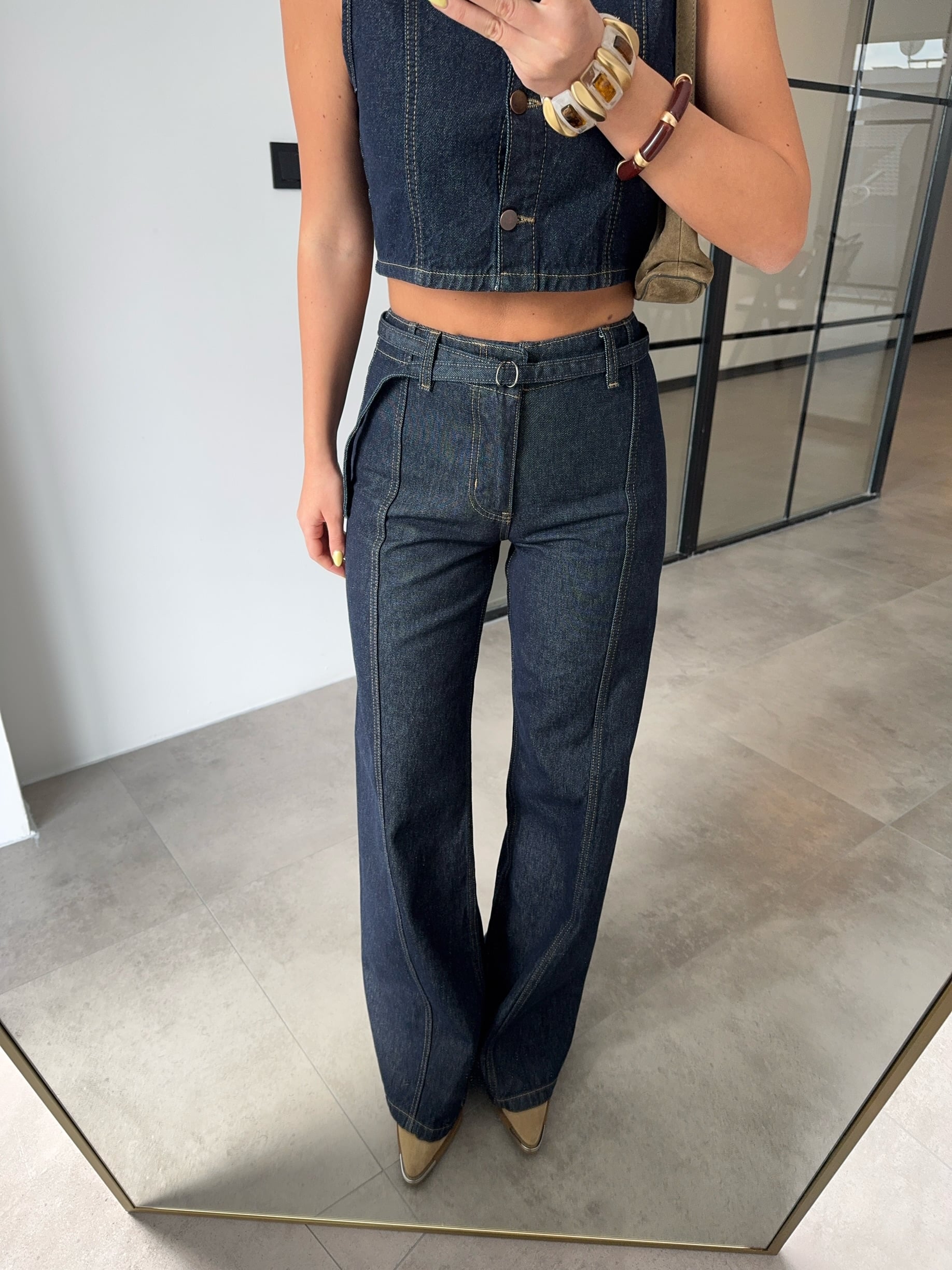 CROP YELEK KEMERLİ PANTOLON DENİM TAKIM