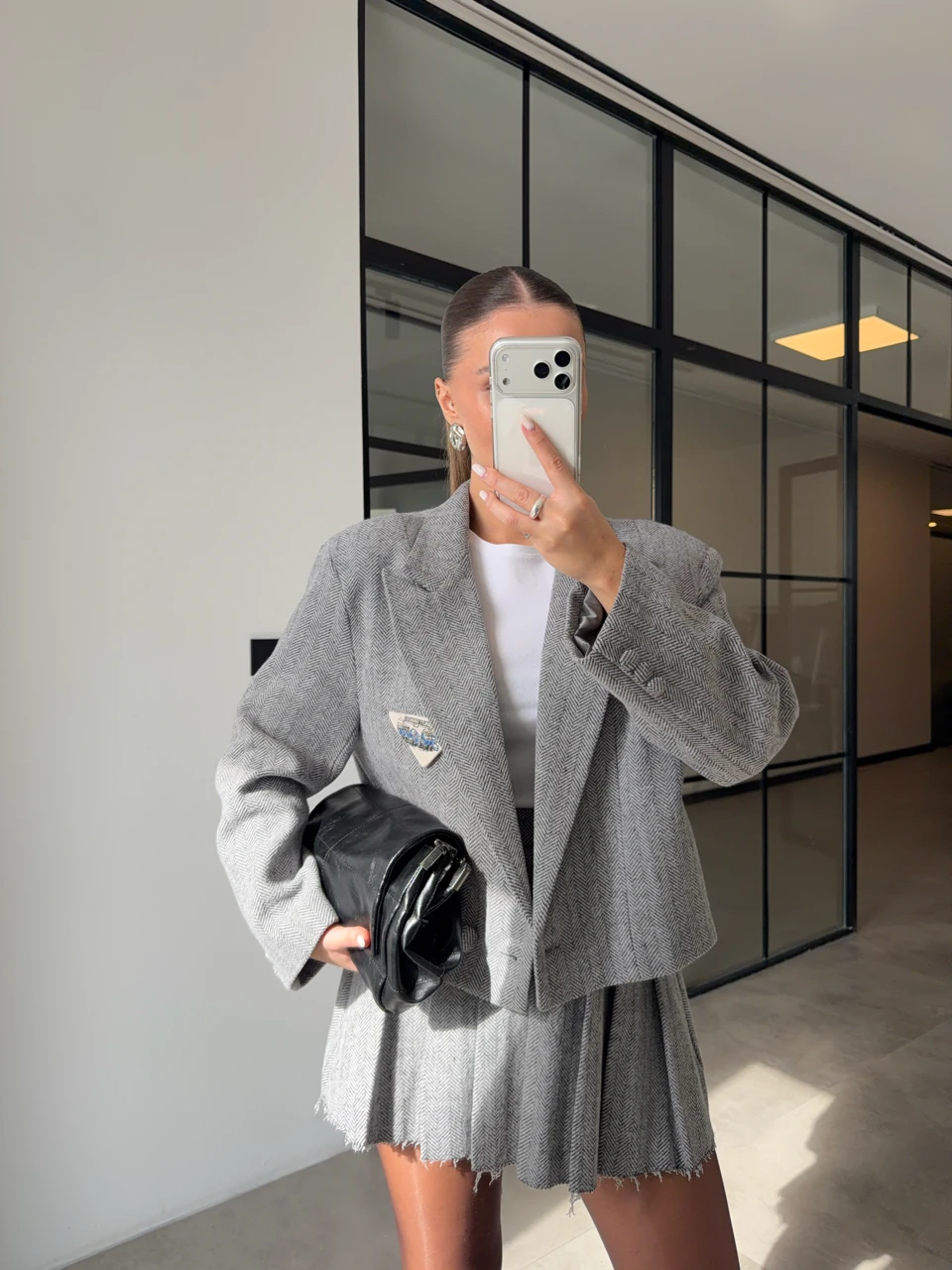 ARKASI TRİKO DETAYLI GRİ KIRÇILLI KAŞE CEKET