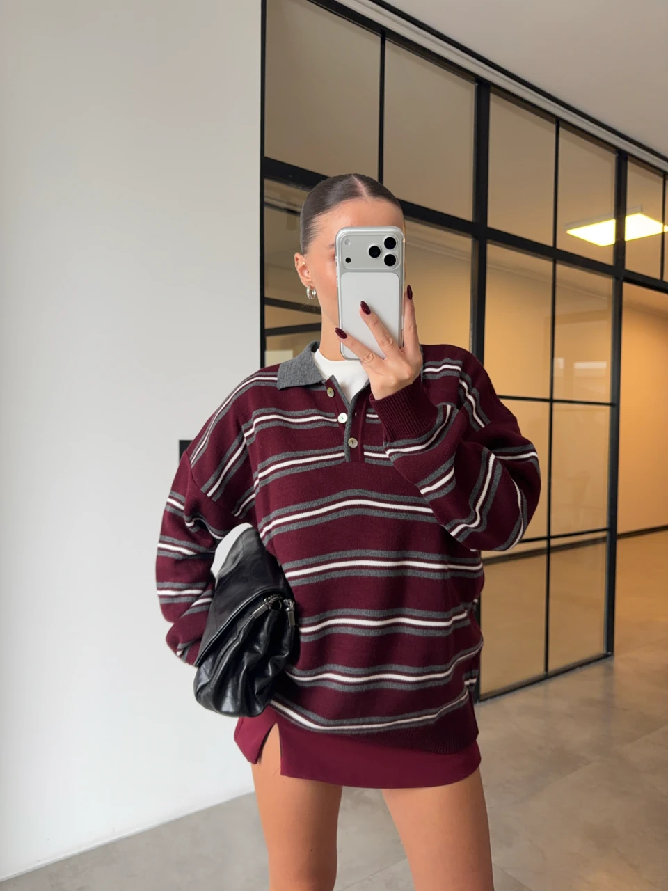 POLO YAKA BORDO ÇİZGİLİ KAZAK