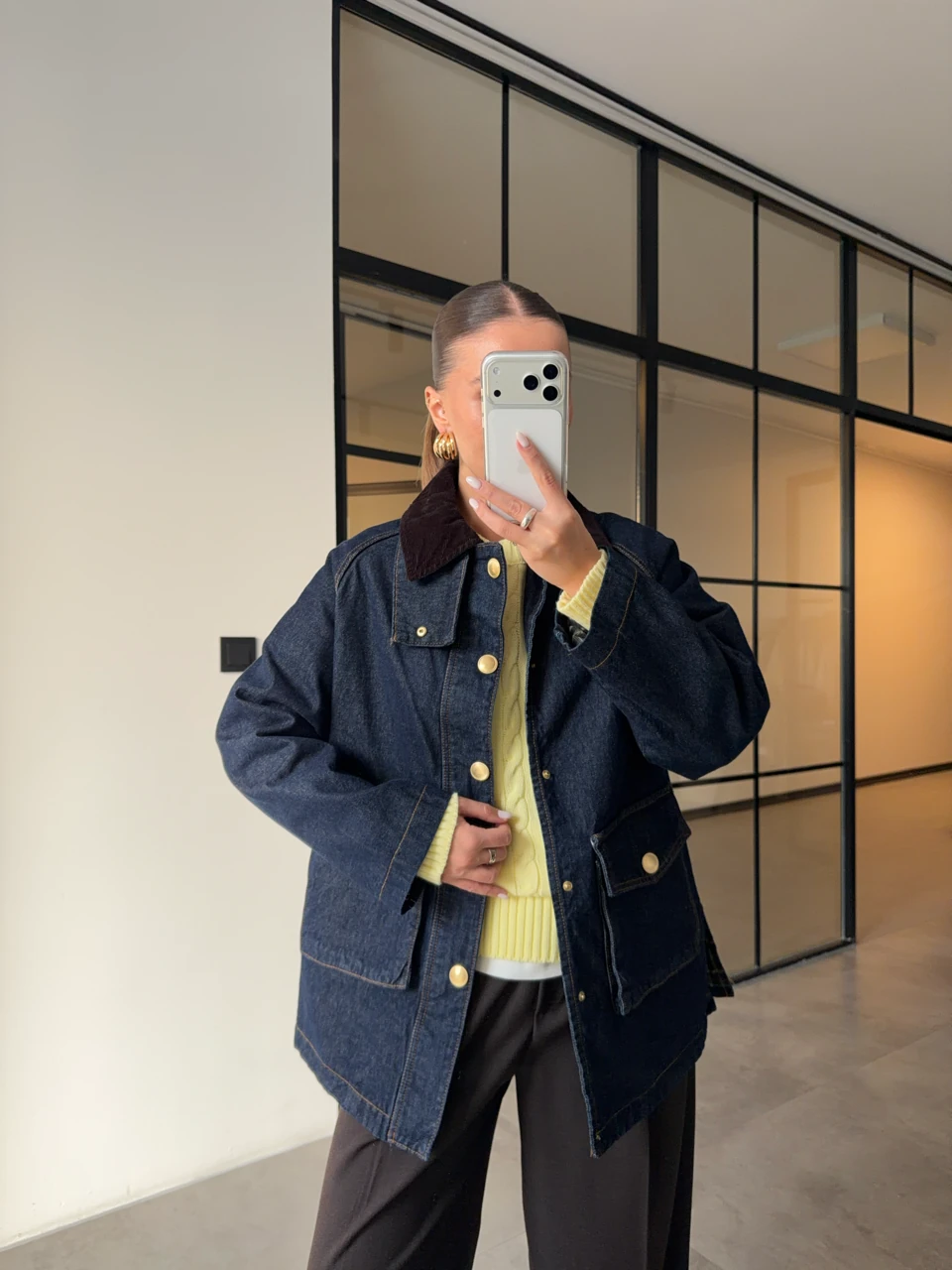 KADİFE YAKALI EKOSE ASTARLI DENİM CEKET