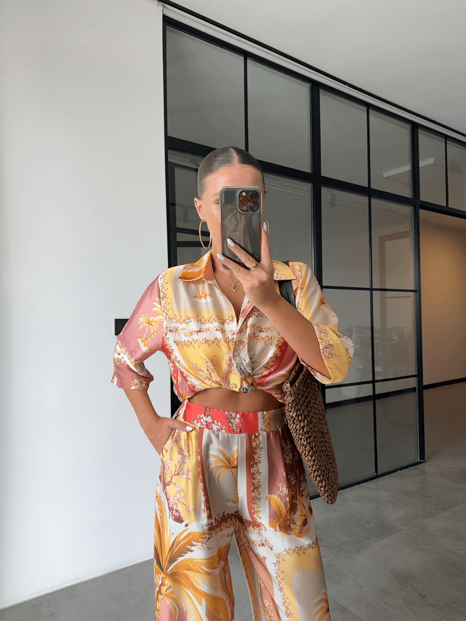 PATTERNED SHINY SATIN SHIRT AND TROUSER SET