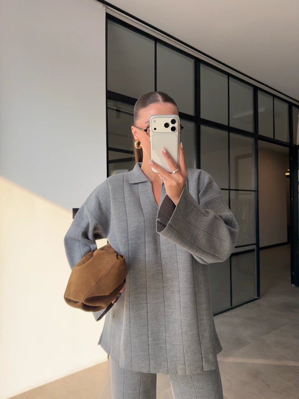 POLO YAKA İNCE ÇİZGİLİ TRİKO TAKIM - Gri