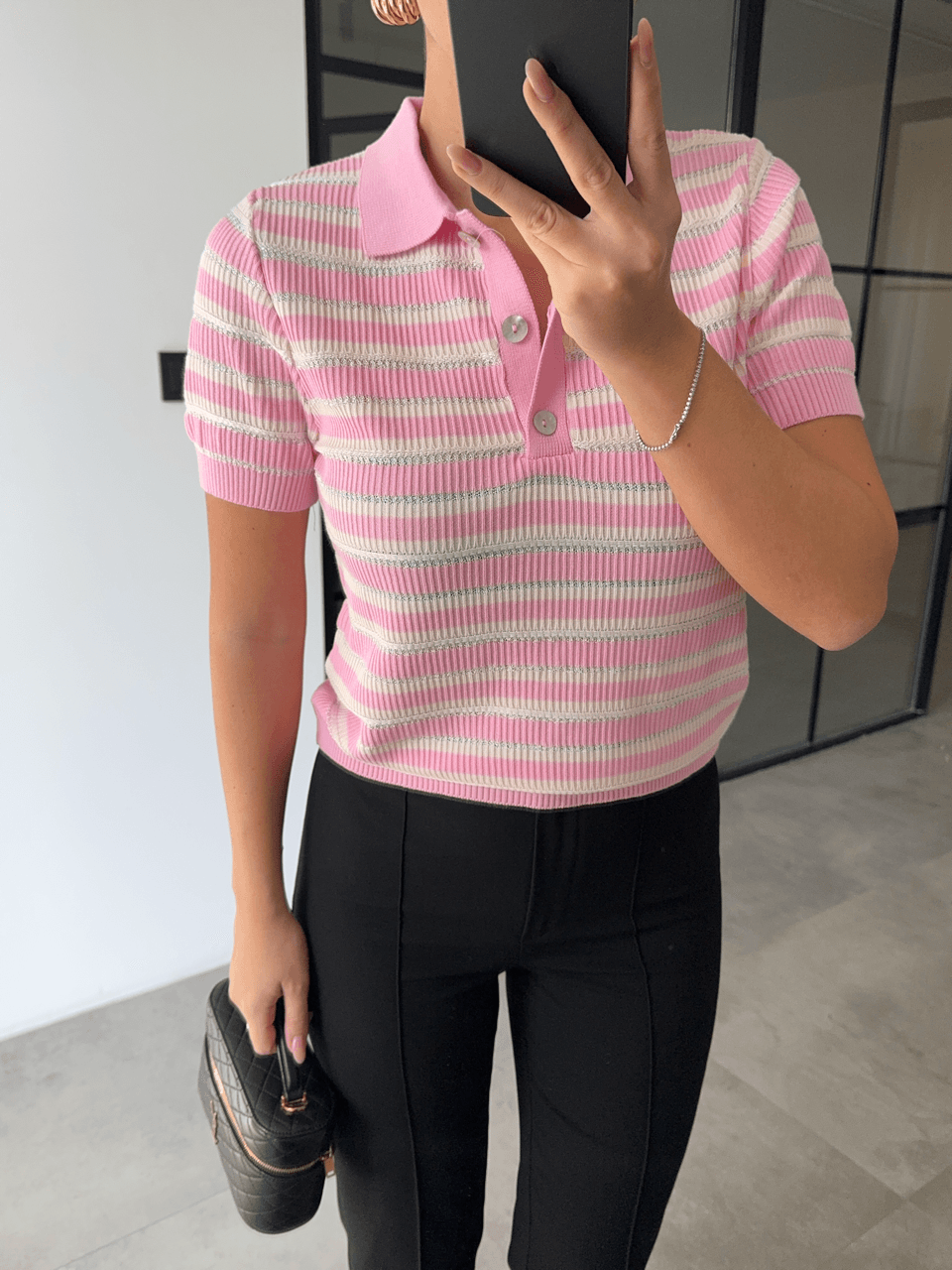 POLO YAKA PEMBE ÇİZGİLİ TRİKO