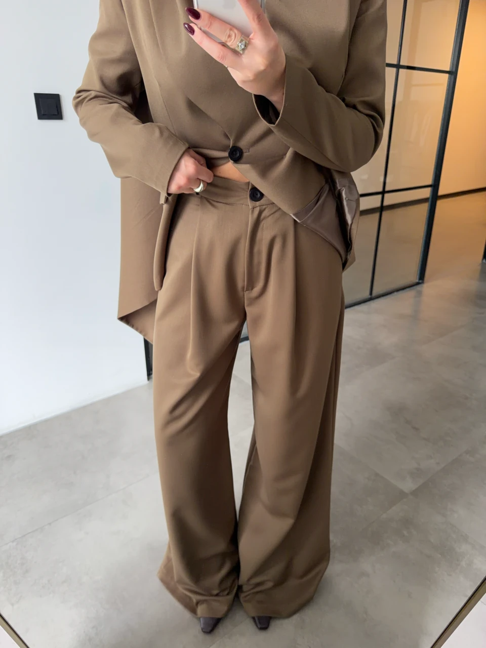 ŞAL DETAYLI CEKET PANTOLON VİZON TAKIM