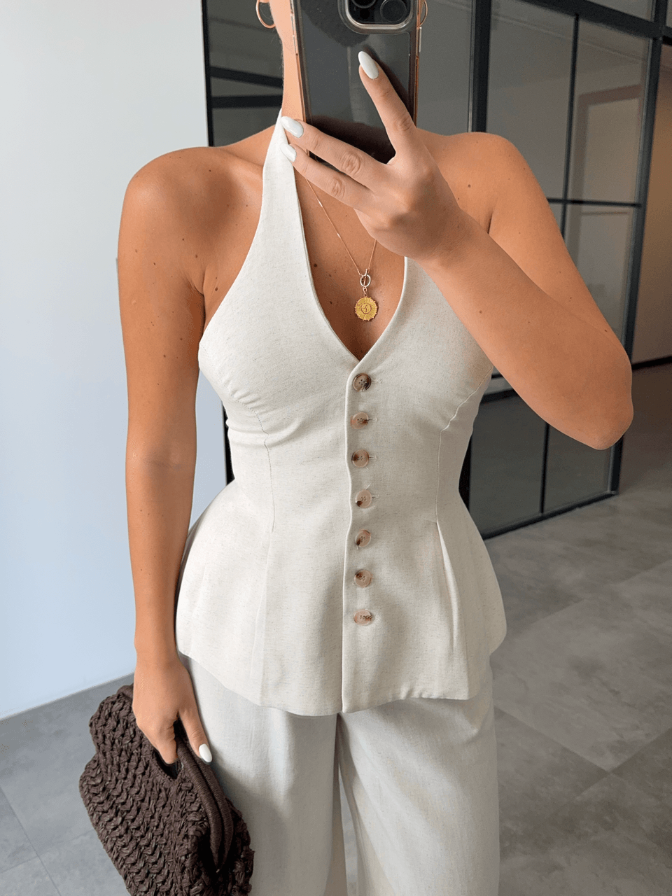 BOYUNDAN GEÇMELİ YELEK PANTOLON NATURAL KETEN TAKIM