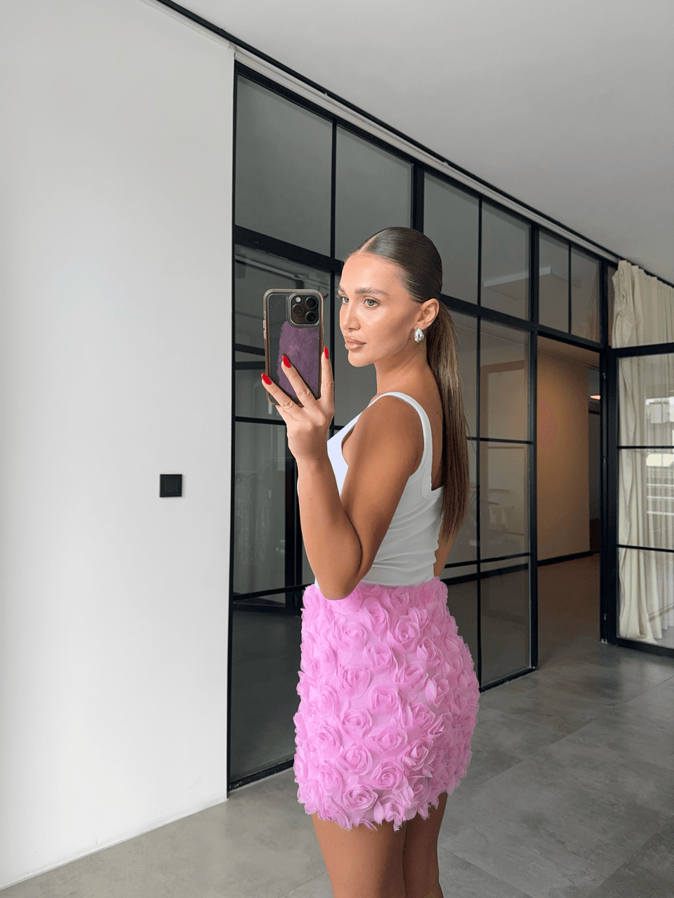 KABARTMA GÜL DETAYLI PEMBE MİNİ ETEK