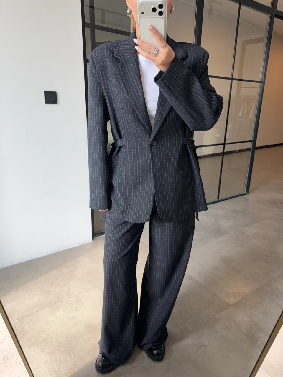 KEMER DETAYLI ÇİZGİLİ LACİVERT CEKET PALAZZO TAKIM