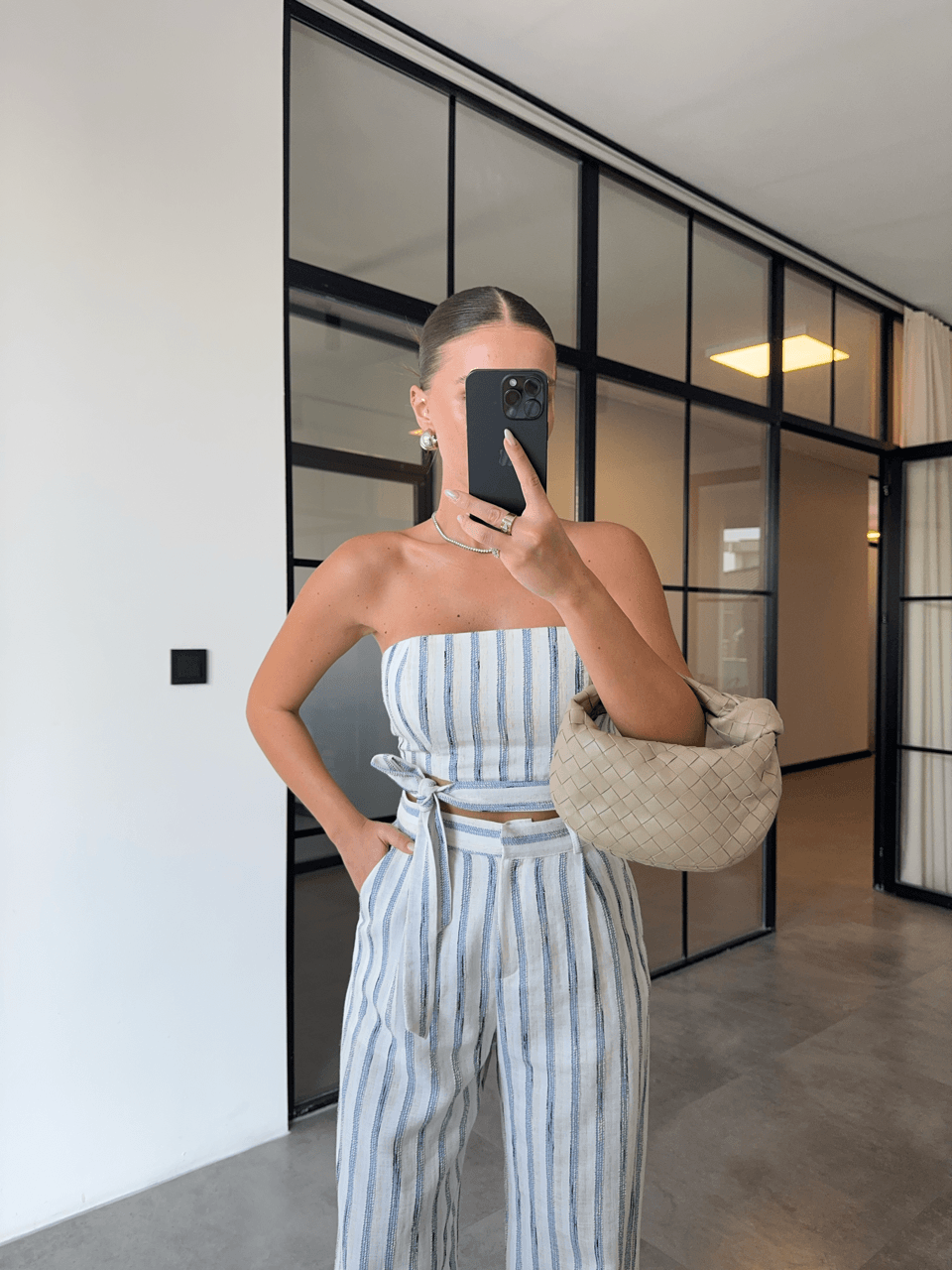 MAVİ DOKULU ÇİZGİLİ STRAPLEZ BLUZ PALAZZO TAKIM