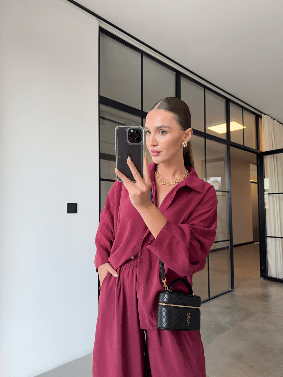 TENCEL KUMAŞ BORDO PANTOLON GÖMLEK TAKIM
