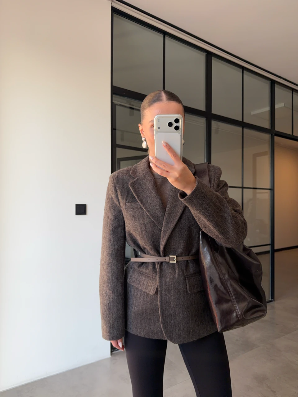 KAHVERENGİ ÇİZGİLİ KEMERLİ KAŞE CEKET