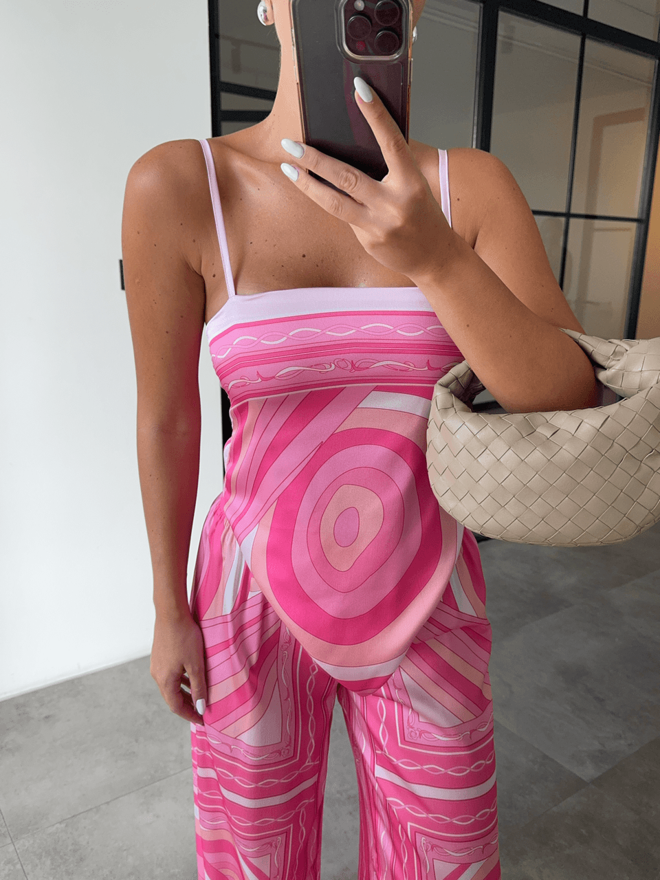PEMBE SIRT BAĞLAMALI ASKILI SATEN BLUZ PANTOLON TAKIM