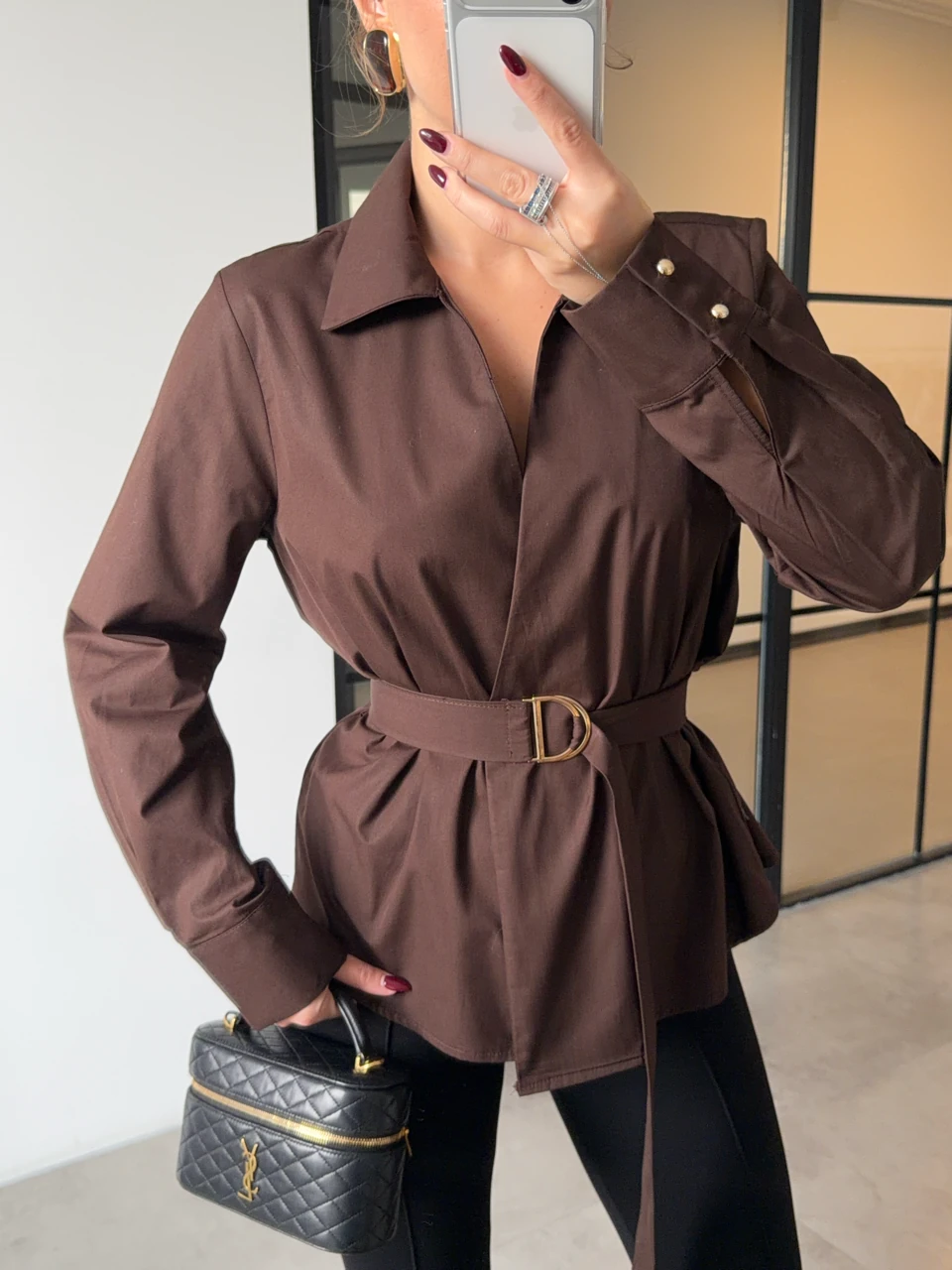 KEMERLİ ACI KAHVE POPLİN GÖMLEK