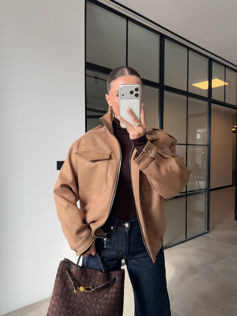 GENİŞ CEPLİ SÜET BOMBER CEKET - Bej