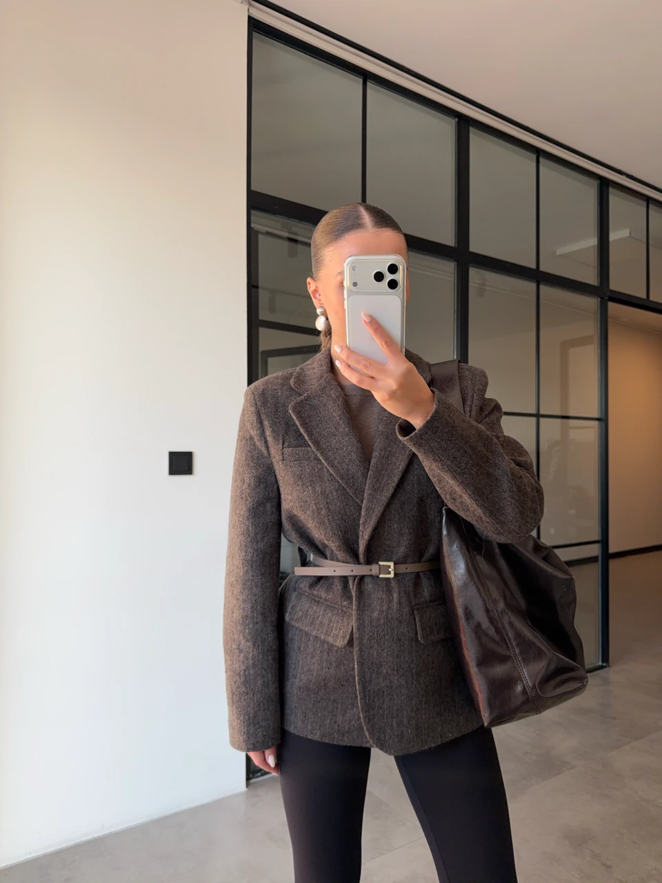 KAHVERENGİ ÇİZGİLİ KEMERLİ KAŞE CEKET