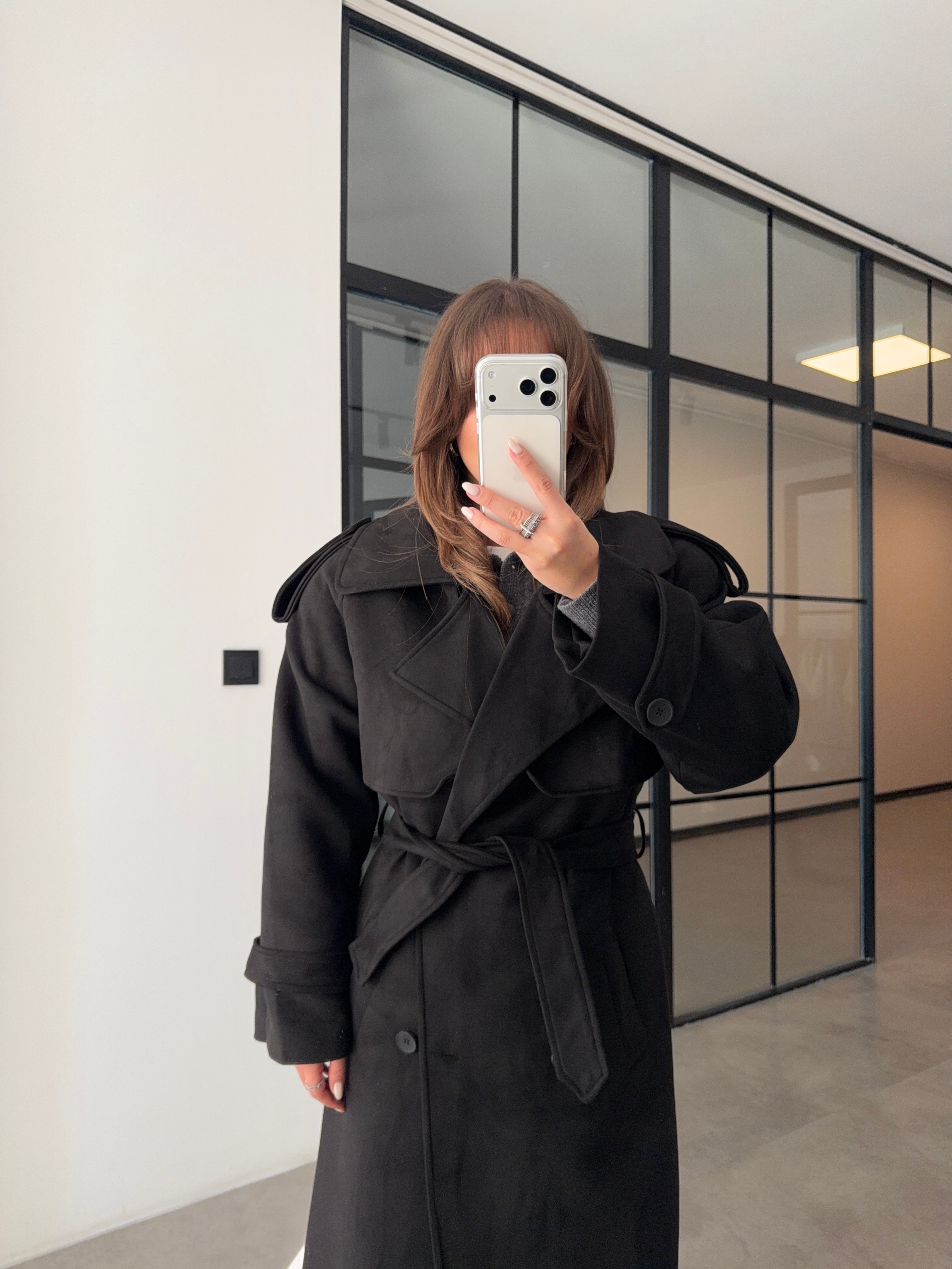 PREMİUM VATKALI SİYAH SÜET TRENÇKOT