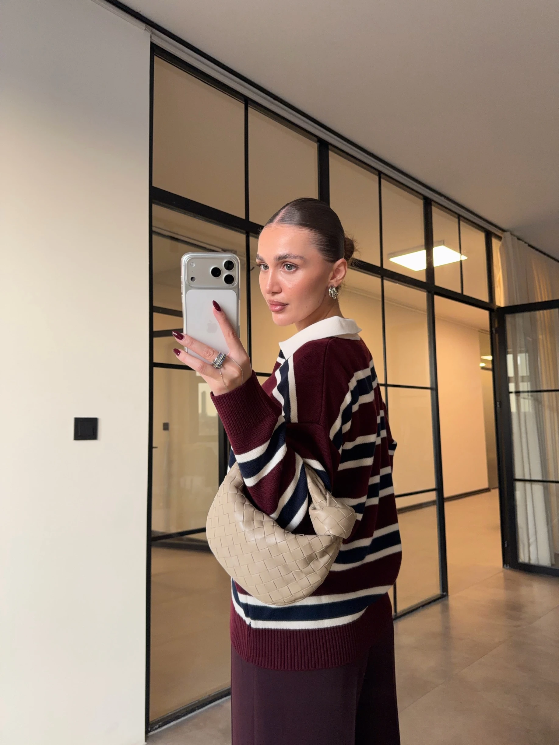 POLO YAKA BORDO-KREM ÇİZGİLİ KAZAK