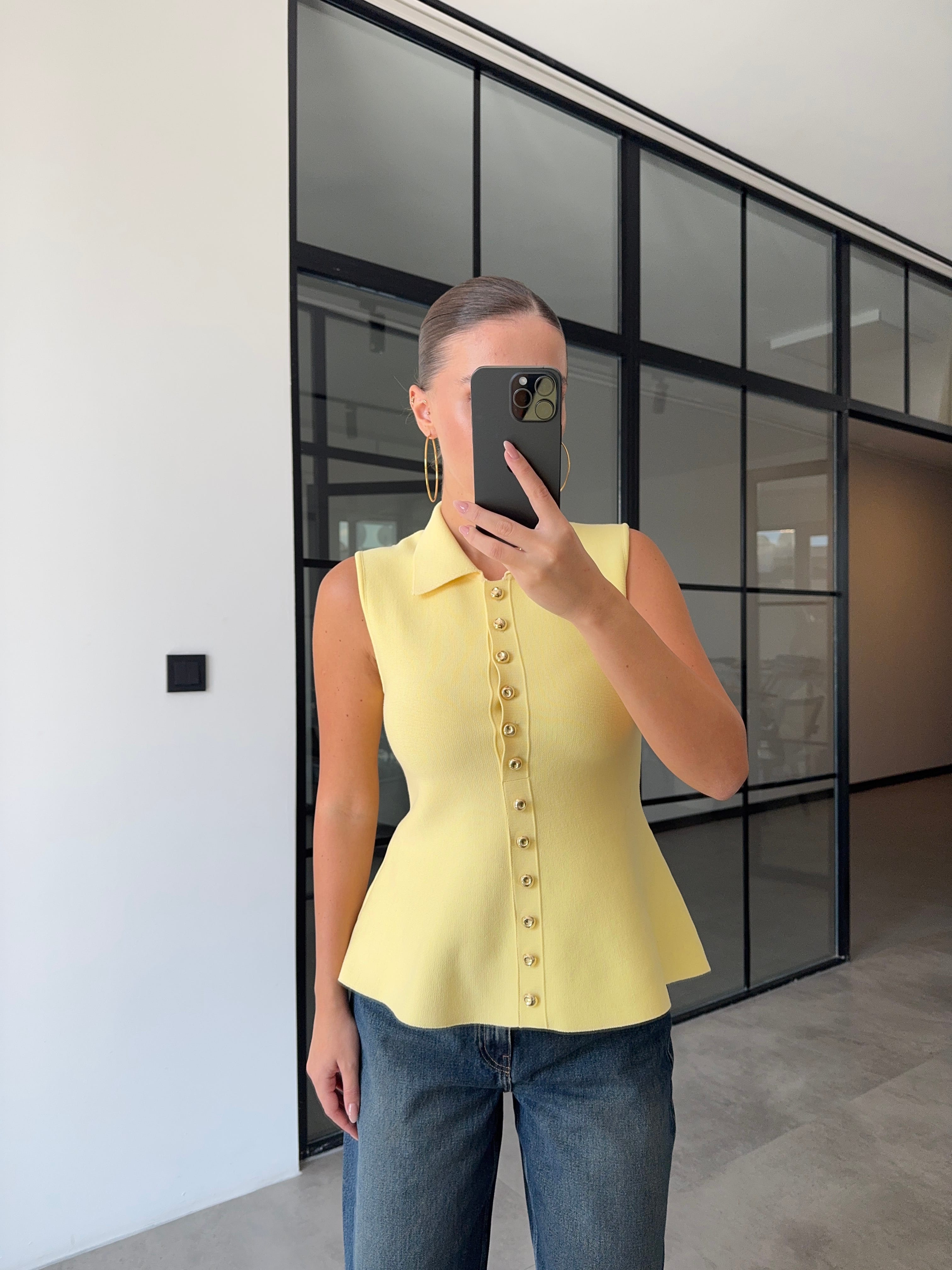 ÇELİK ÖRME GOLD DÜĞMELİ YAKALI SARI BLUZ 