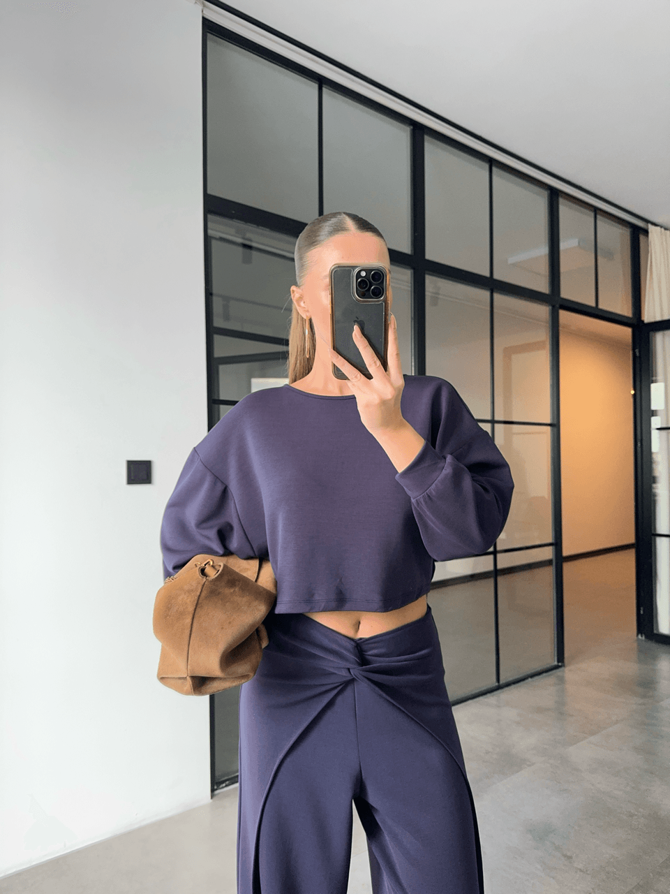 SIRT DEKOLTELİ SWEAT DÜĞÜMLÜ PANTOLON LACİVERT MODAL TAKIM