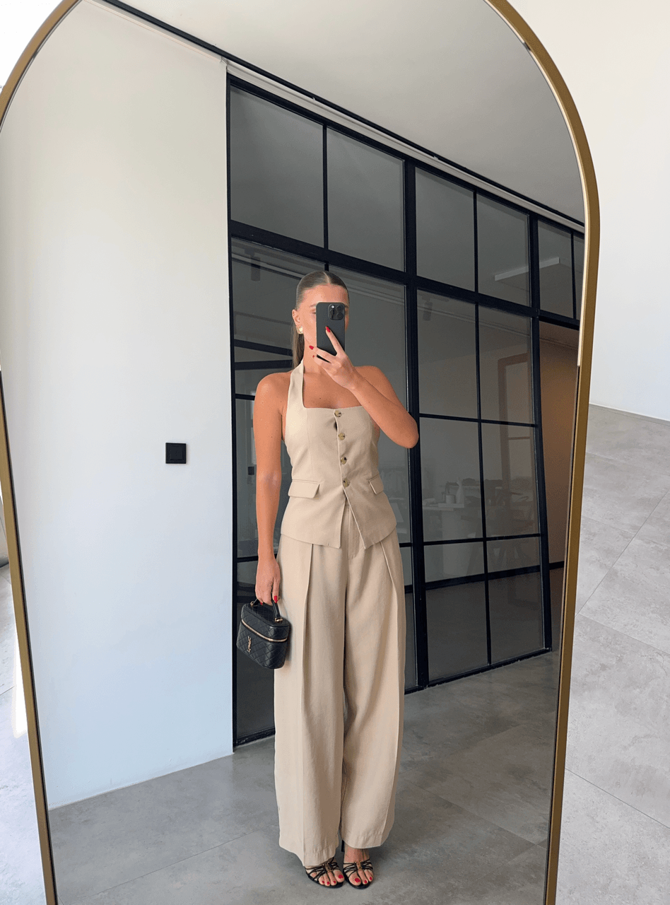 BOL KESİM PANTOLON YELEK CAMEL TAKIM