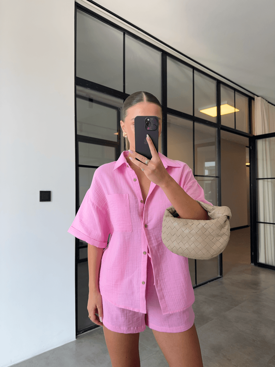 KISA KOL GÖMLEK ŞORT PEMBE MÜSLİN TAKIM