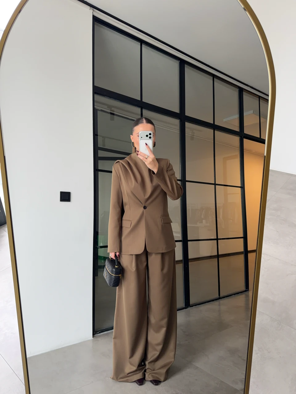 ŞAL DETAYLI CEKET PANTOLON VİZON TAKIM