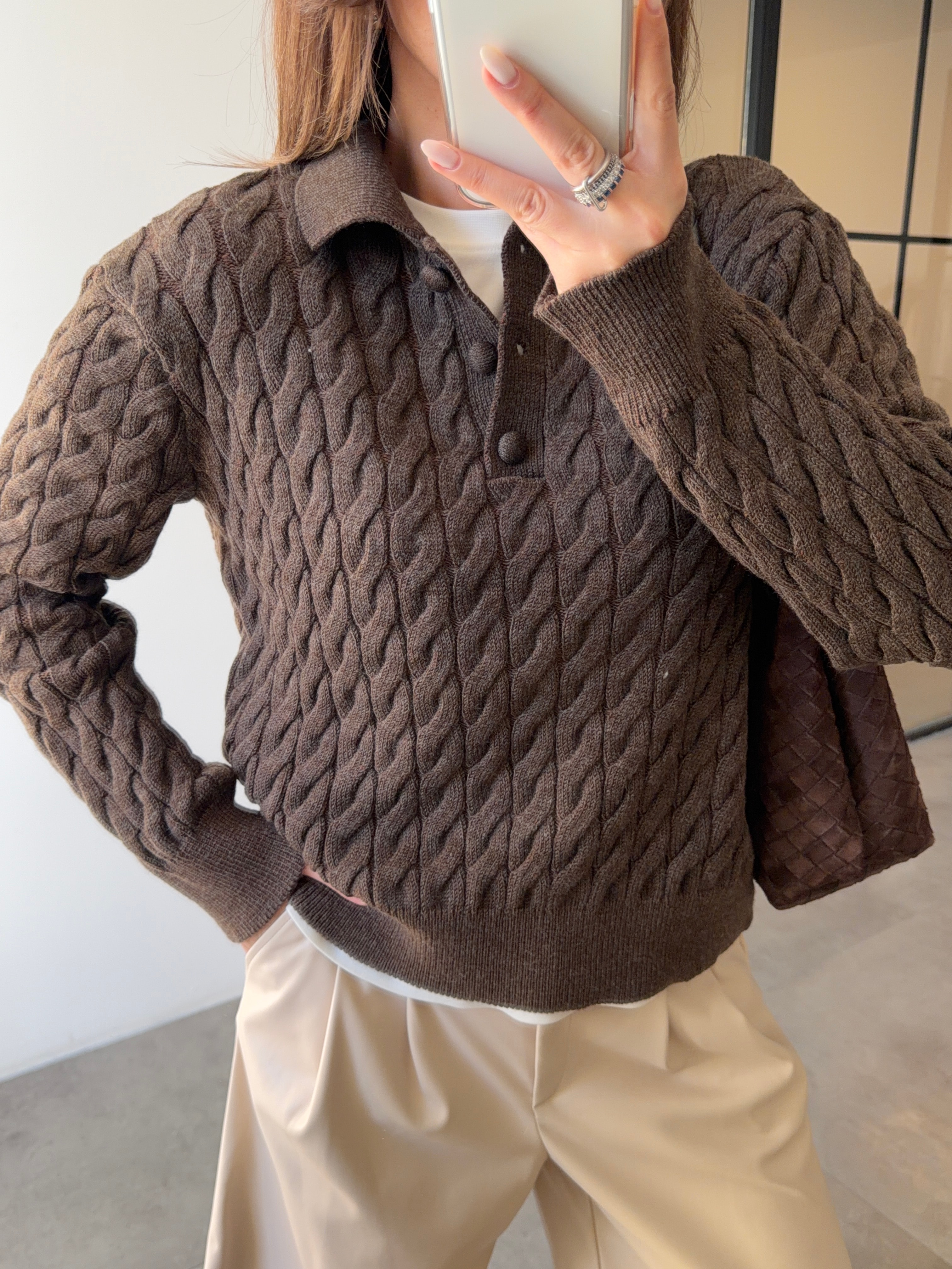 SAÇ ÖRGÜ POLO YAKA KAHVERENGİ KAZAK