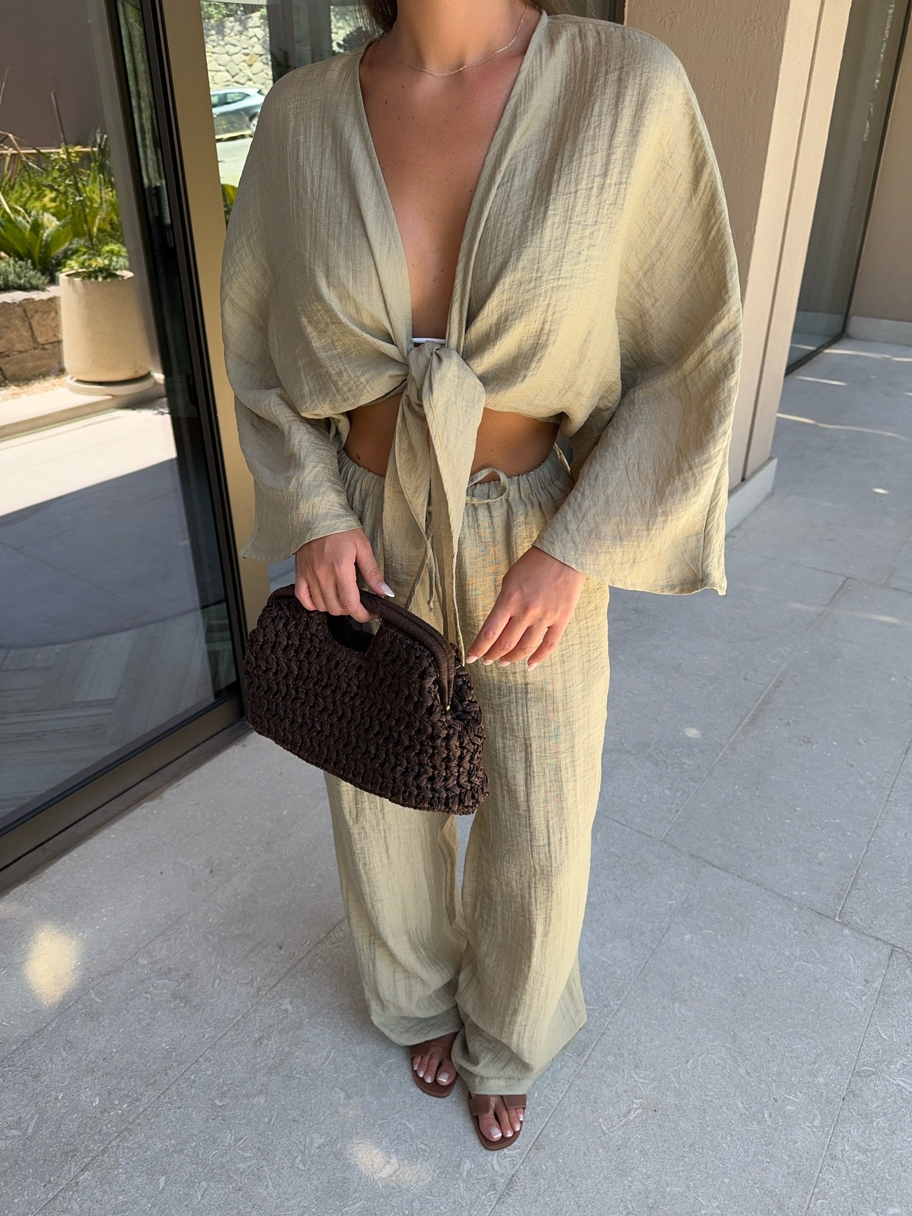 BAĞLAMALI CROP BLUZ PANTOLON HAKİ GOFRE TAKIM