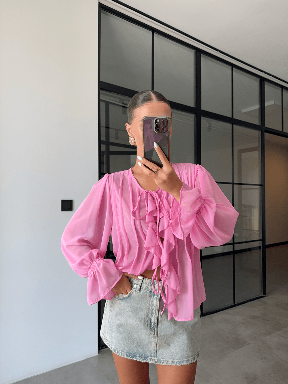 FIRFIRLI PEMBE ŞİFON BLUZ