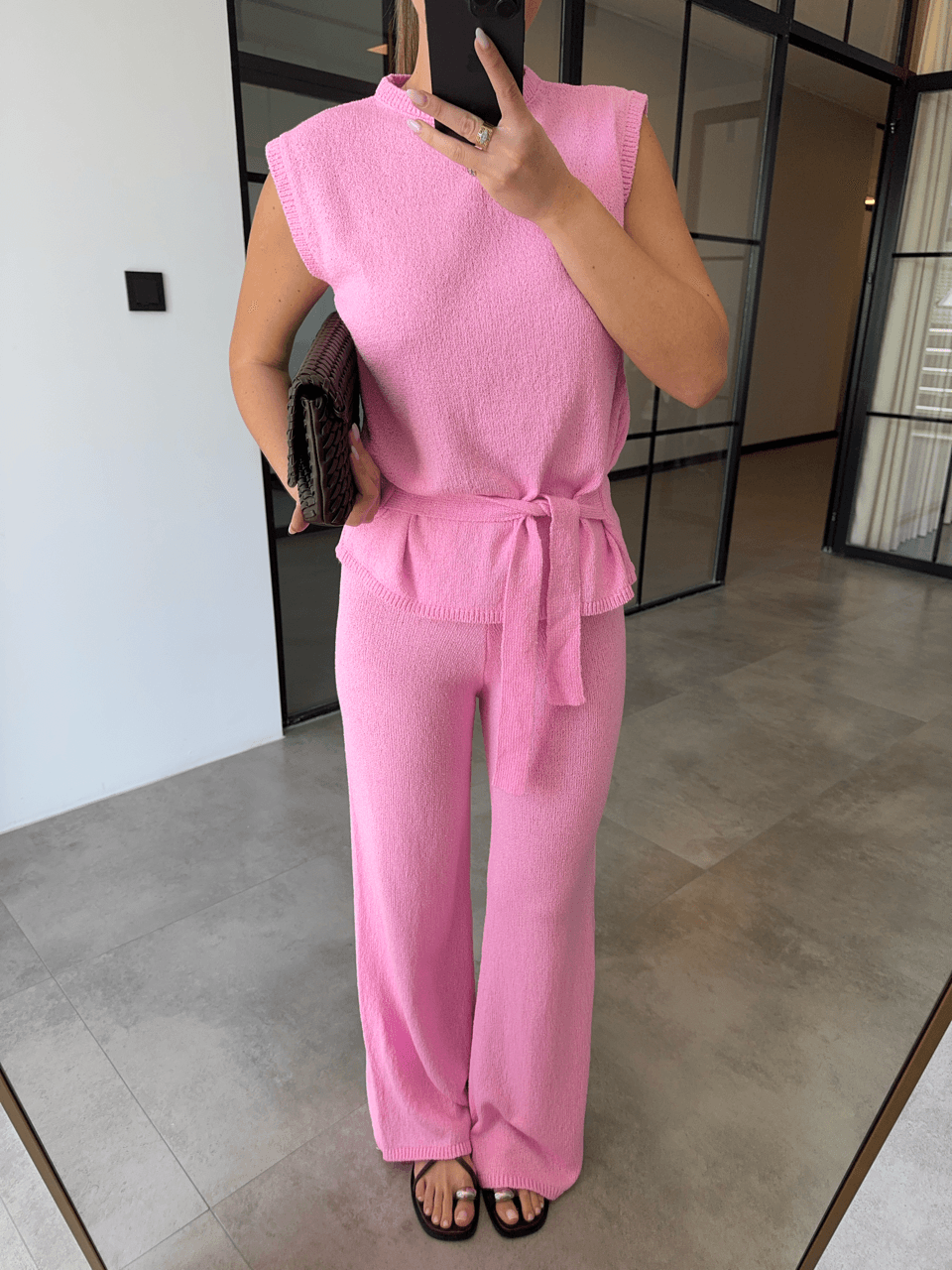 SIFIRKOL BAĞLAMALI BLUZ PEMBE İNCE TRİKO TAKIM