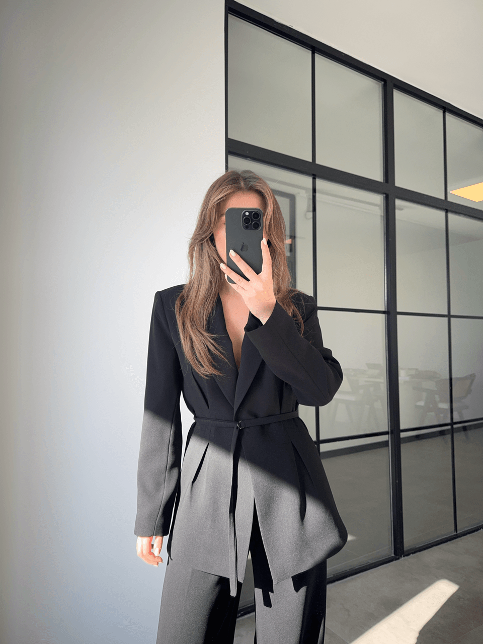 PREMİUM BELİ KEMERLİ SİYAH BLAZER CEKET