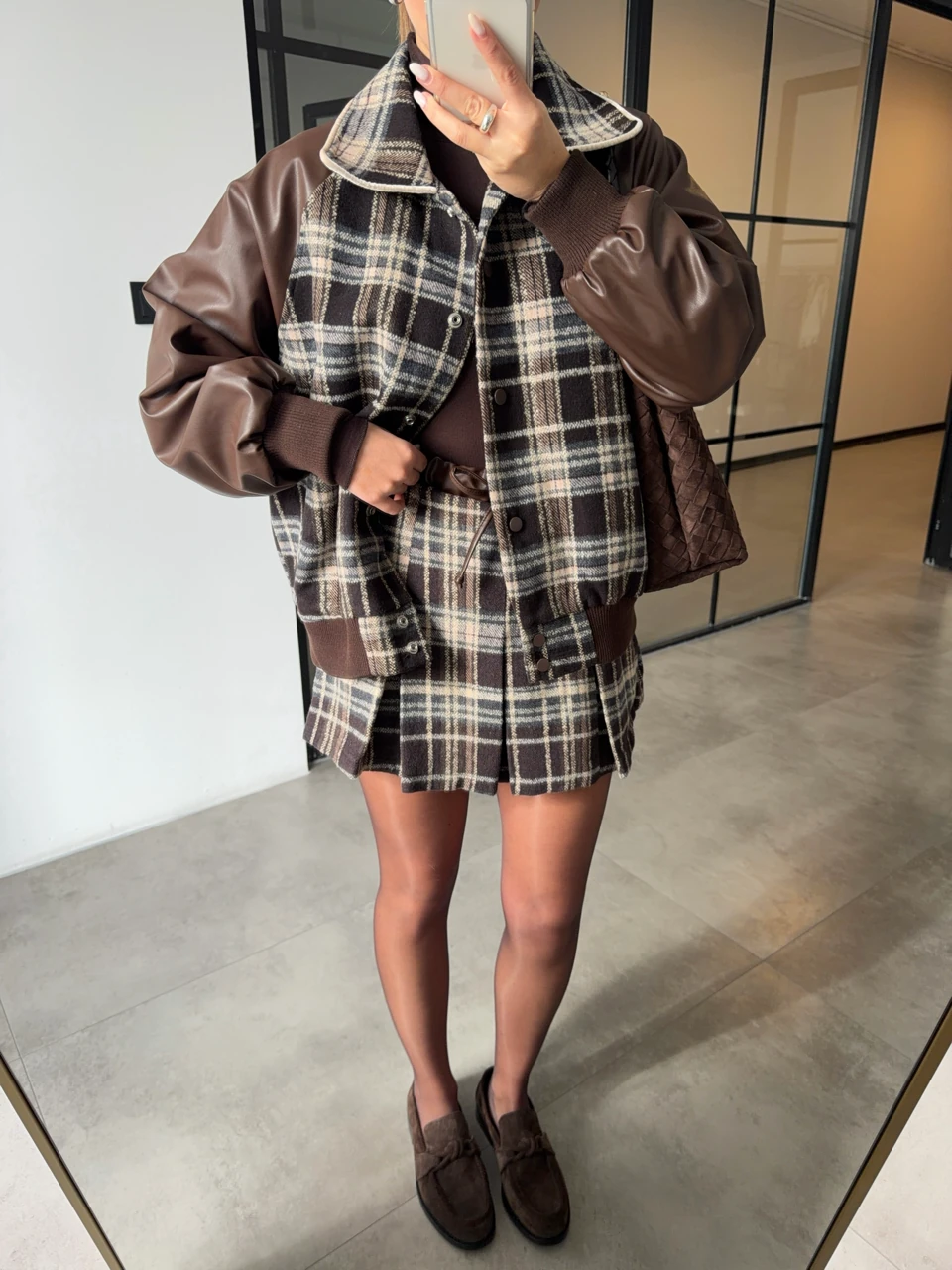 KAŞE EKOSELİ DERİ DETAYLI ŞORT ETEK