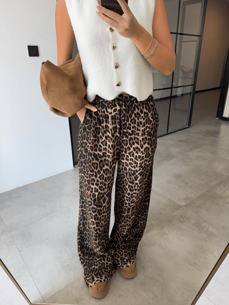 DUBLE PAÇA BELİ LASTİKLİ LEOPAR PANTOLON 