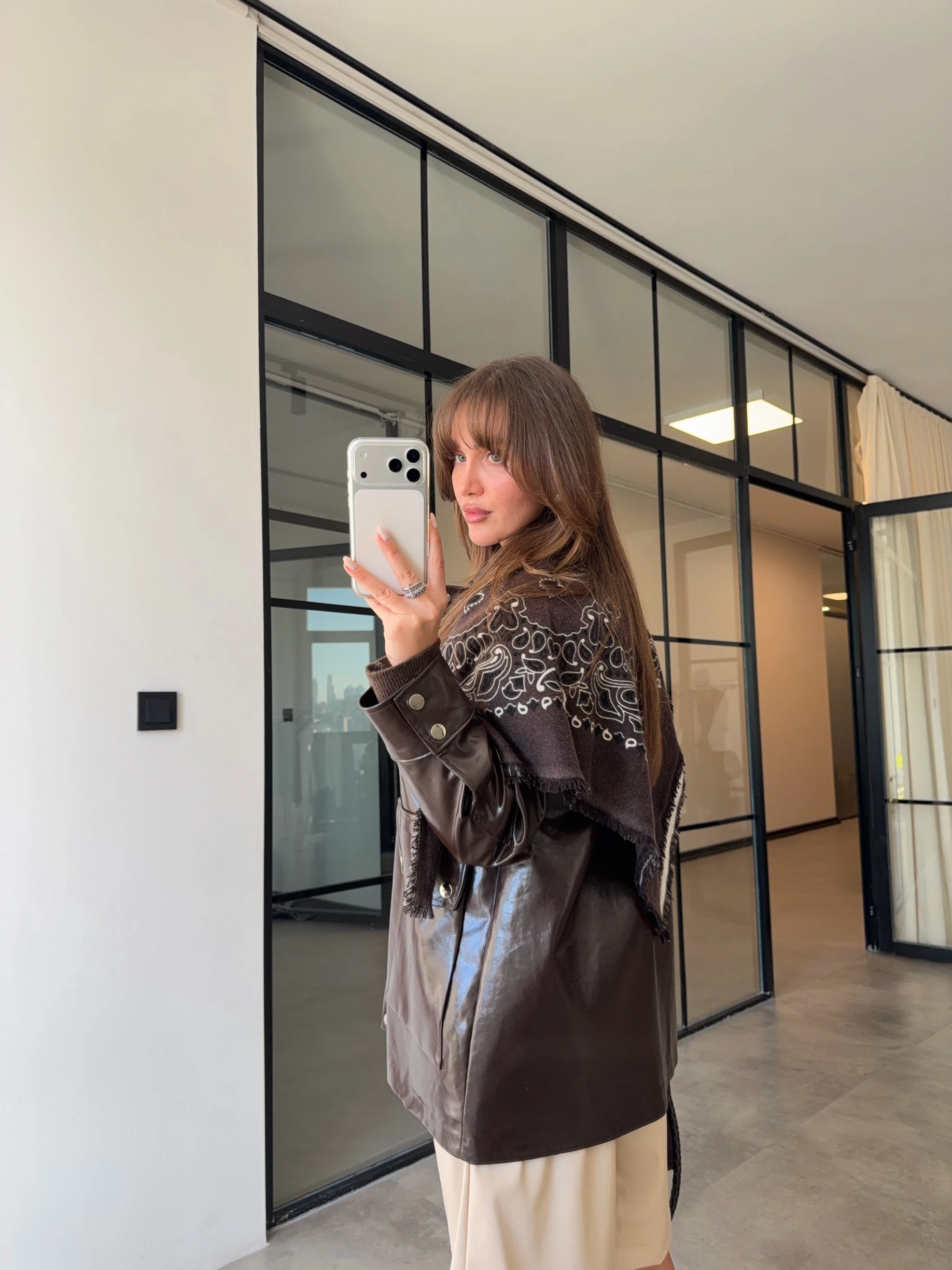 PARLAK DERİ KAHVERENGİ PARKA CEKET