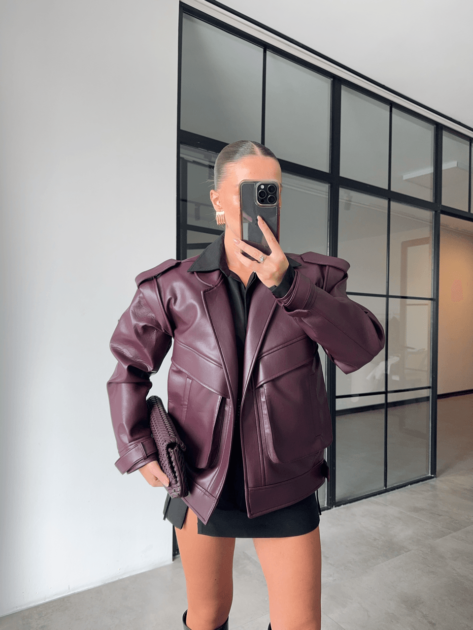 GENİŞ CEPLİ BORDO OVERSİZE PREMİUM DERİ CEKET