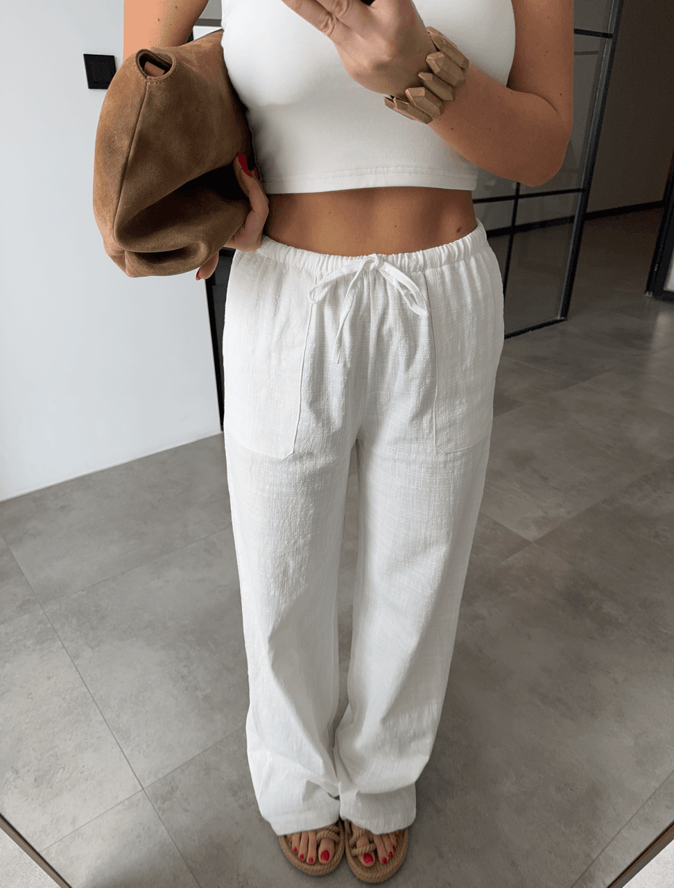 CEPLİ EKRU KETEN PANTOLON