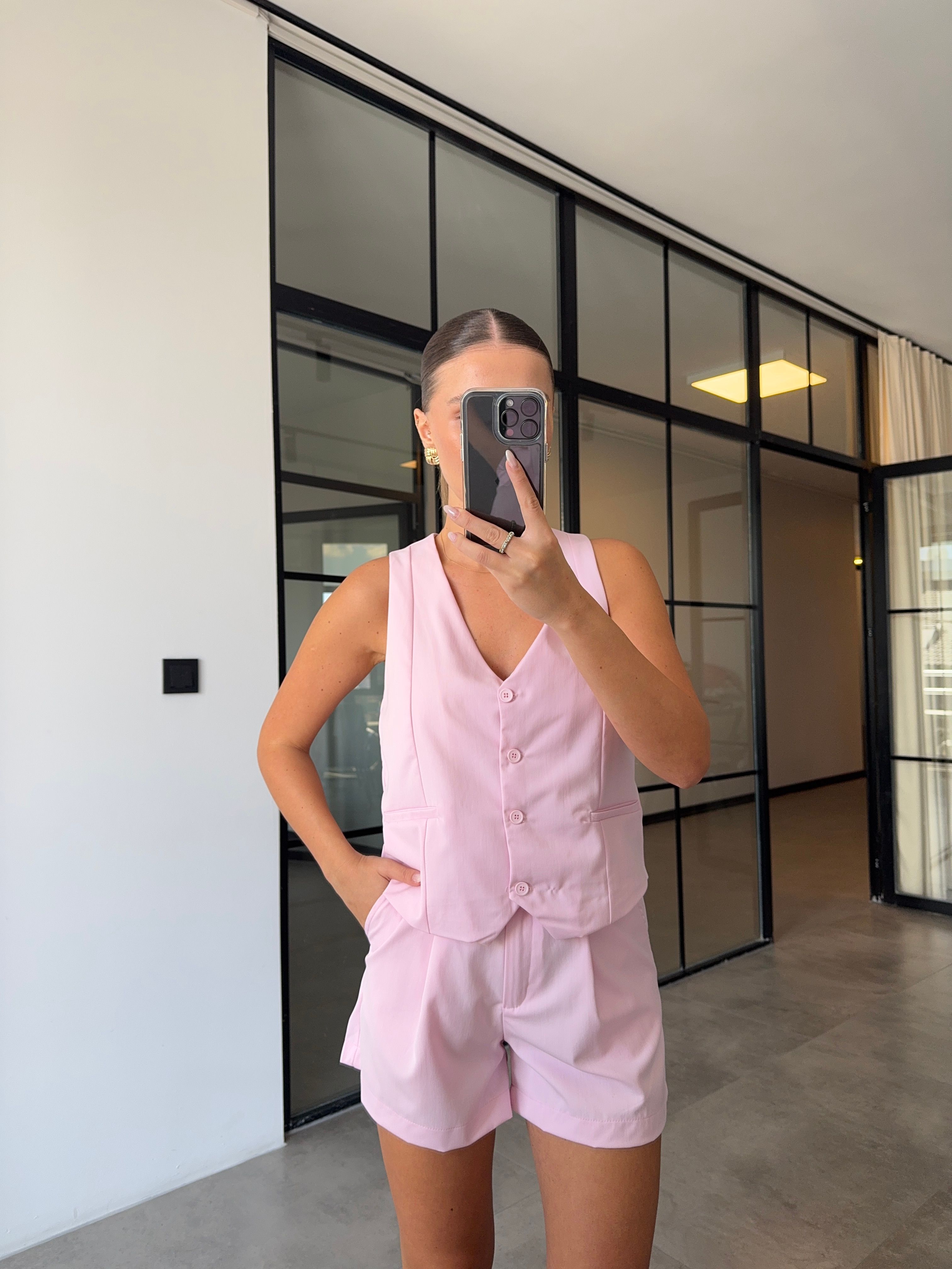 YELEK PİLELİ ŞORT PEMBE TAKIM
