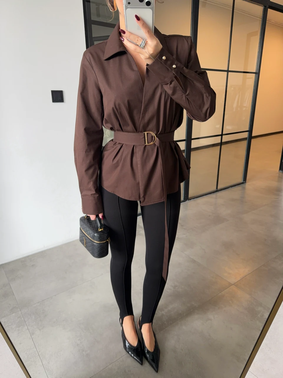 KEMERLİ ACI KAHVE POPLİN GÖMLEK