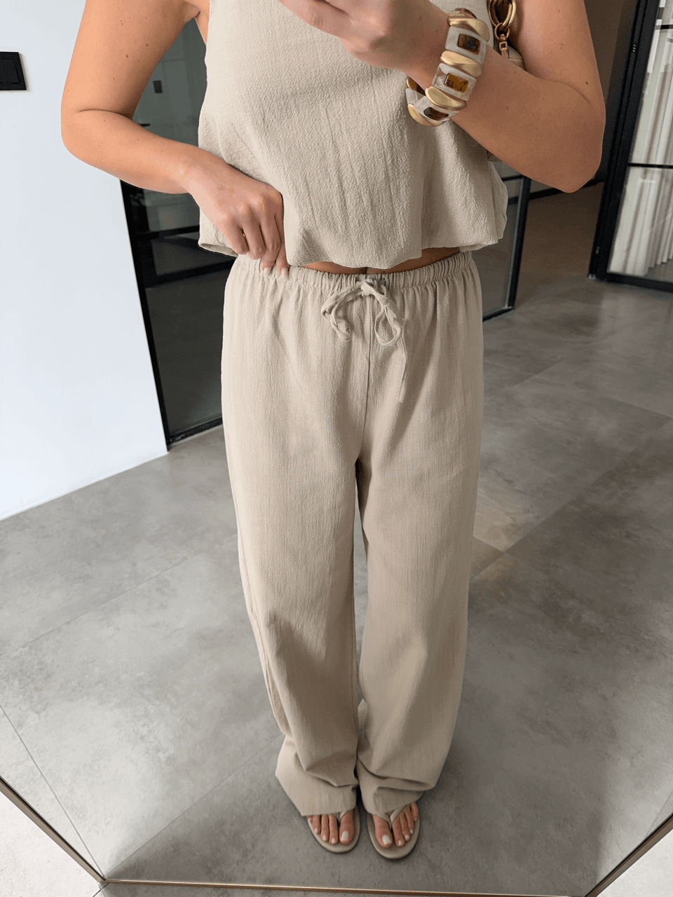 CROP ÜST BELİ LASTİKLİ PANTOLON BEJ KETEN TAKIM