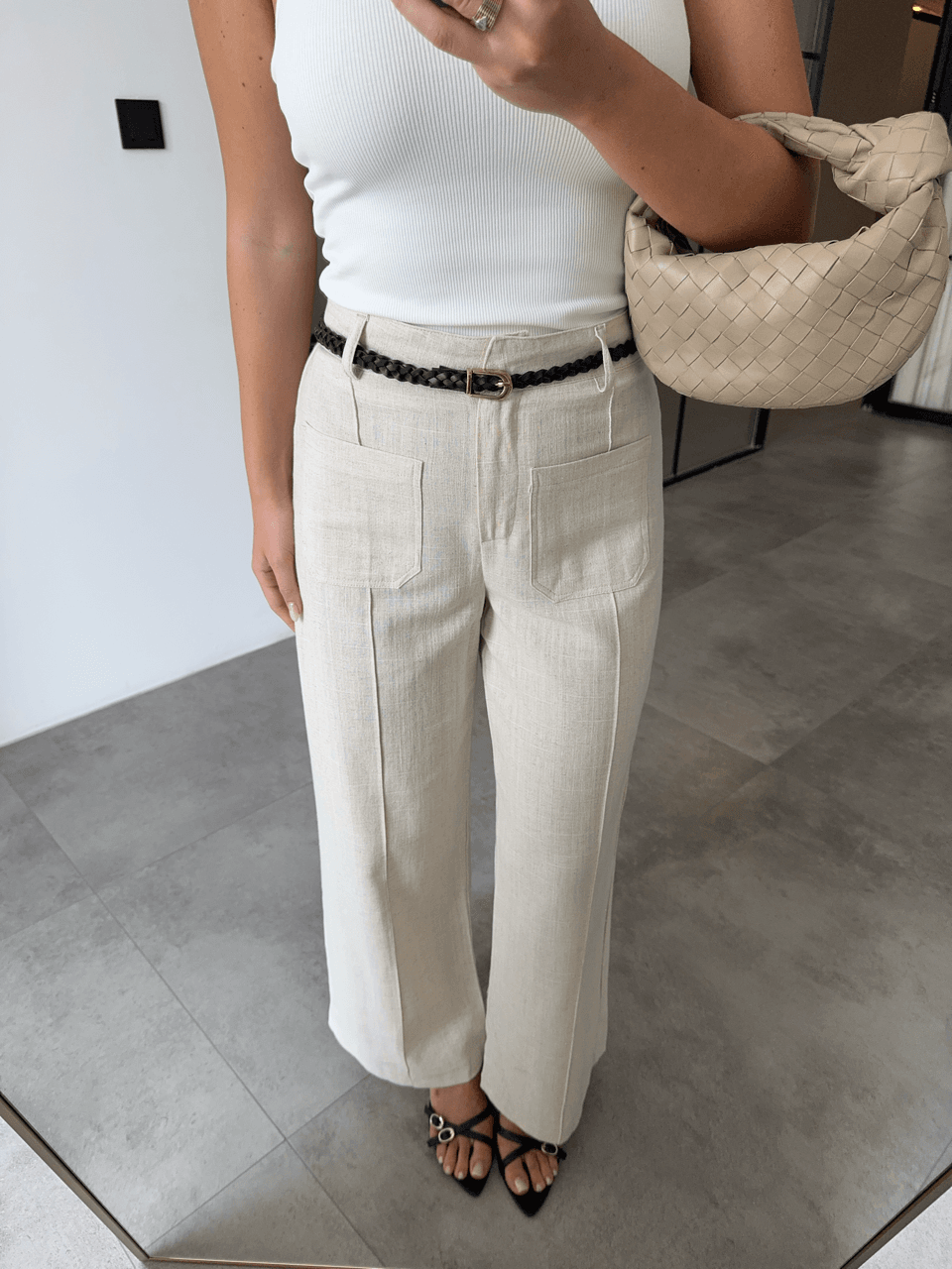 ÇİFT CEPLİ KEMERLİ NATURAL KETEN PANTOLON