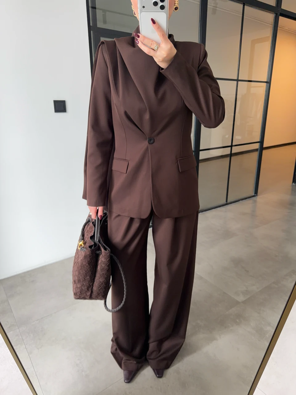 ŞAL DETAYLI CEKET PANTOLON KAHVERENGİ TAKIM