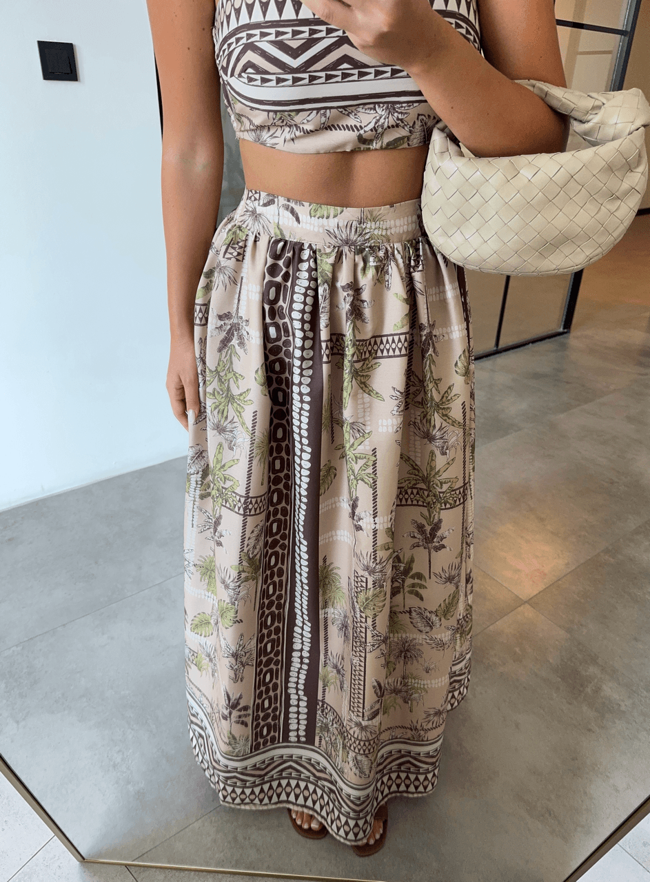THICK STRAP CROP MAXI SKIRT BROWN PATTERNED SUIT