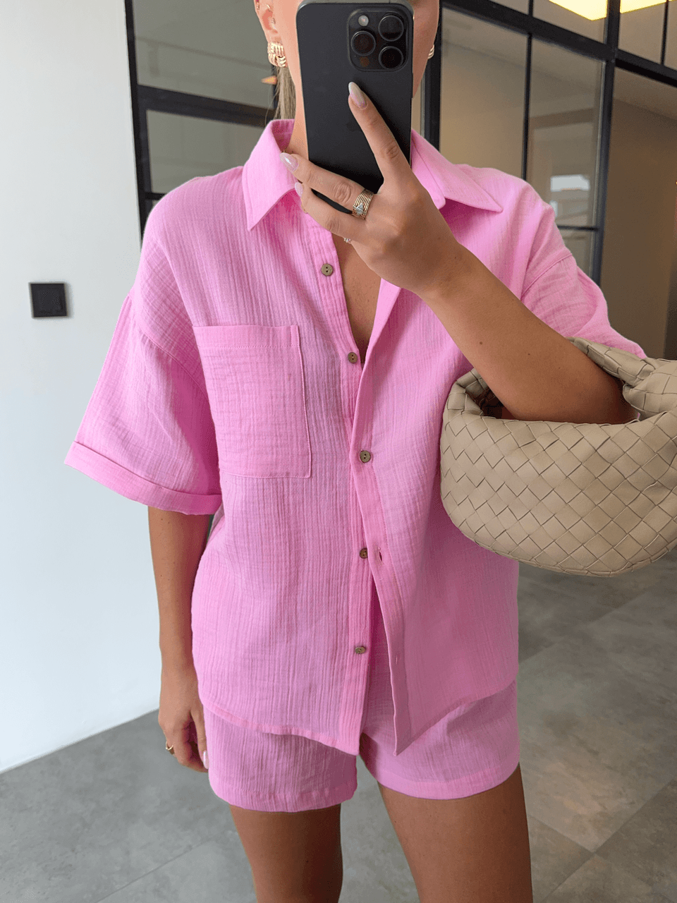 KISA KOL GÖMLEK ŞORT PEMBE MÜSLİN TAKIM