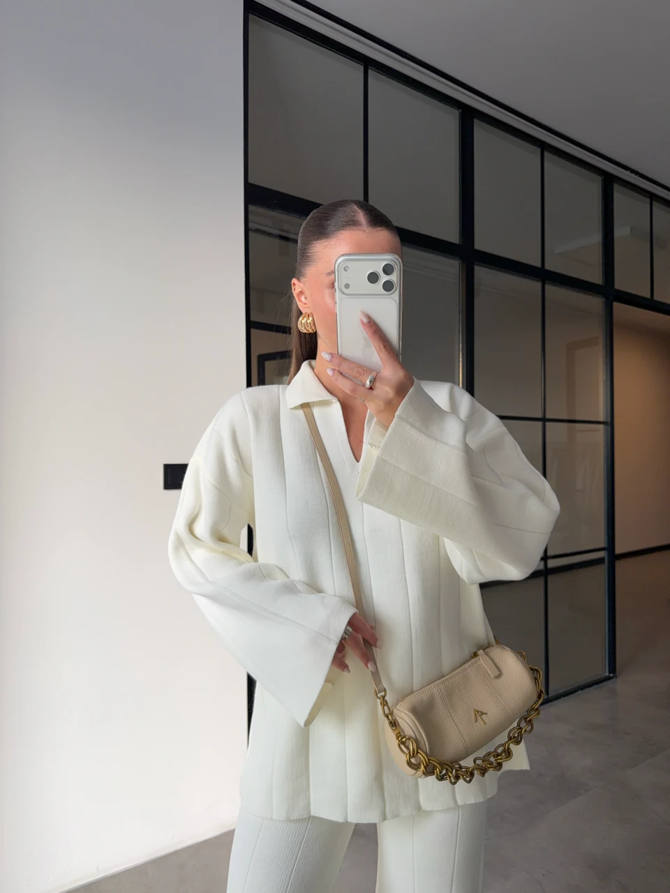 POLO YAKA İNCE ÇİZGİLİ TRİKO TAKIM - Ekru