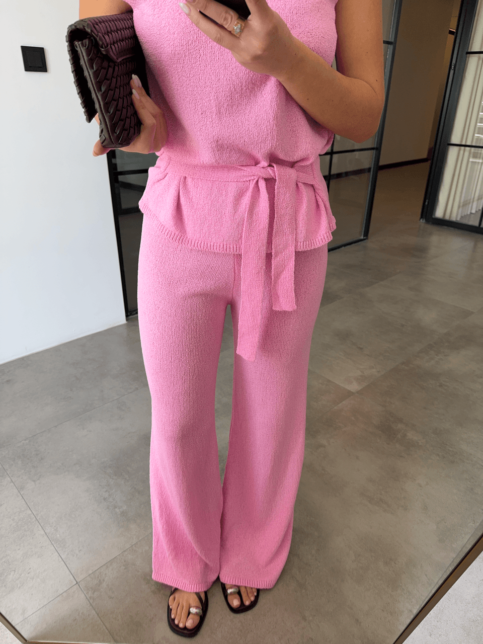 SIFIRKOL BAĞLAMALI BLUZ PEMBE İNCE TRİKO TAKIM