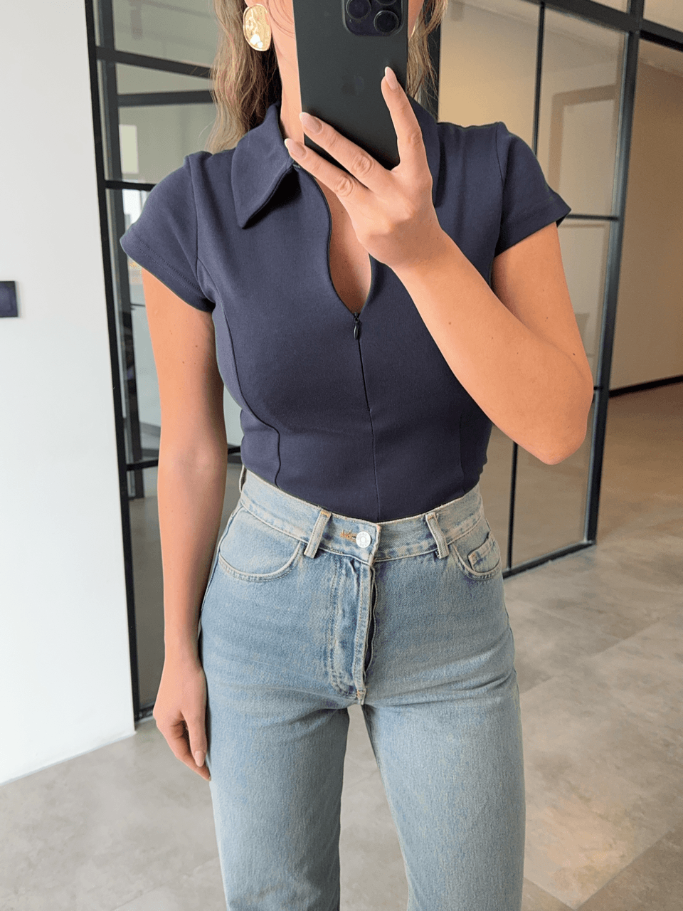 POLO YAKA FERMUARLI LACİVERT T-SHİRT