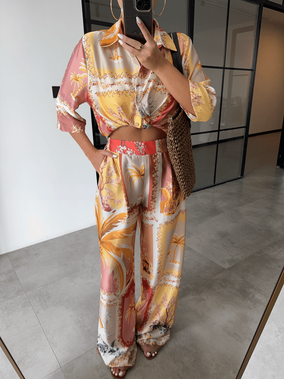 PATTERNED SHINY SATIN SHIRT AND TROUSER SET